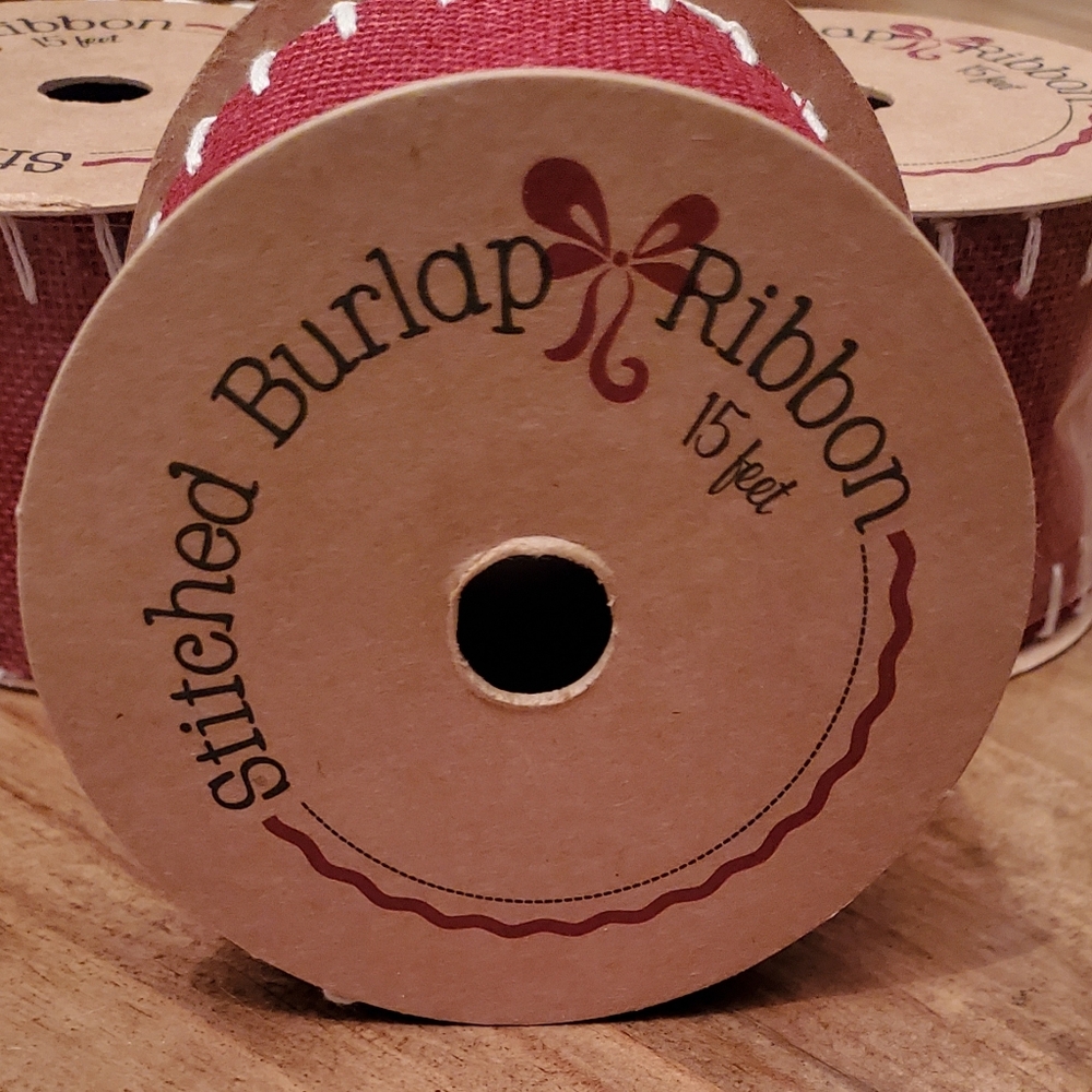 Dark Red Burlap Stitched Ribbon | 2.5" x 15' | 1 Roll | RRR Home